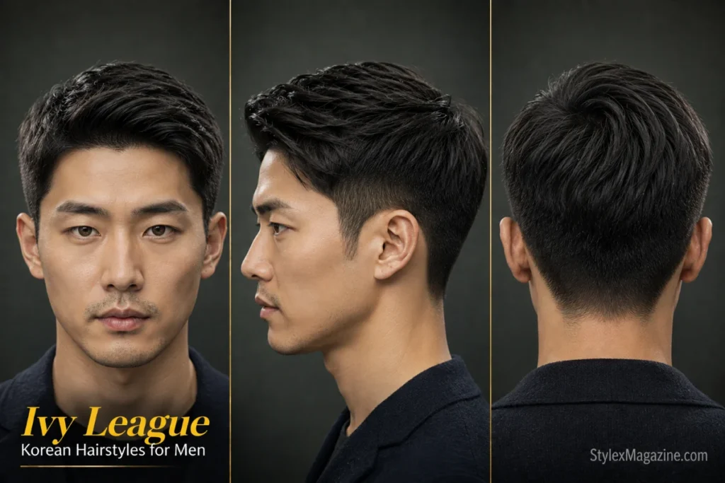 Korean Ivy League haircut for men featuring a textured side-swept top, tapered sides, and a polished professional finish.