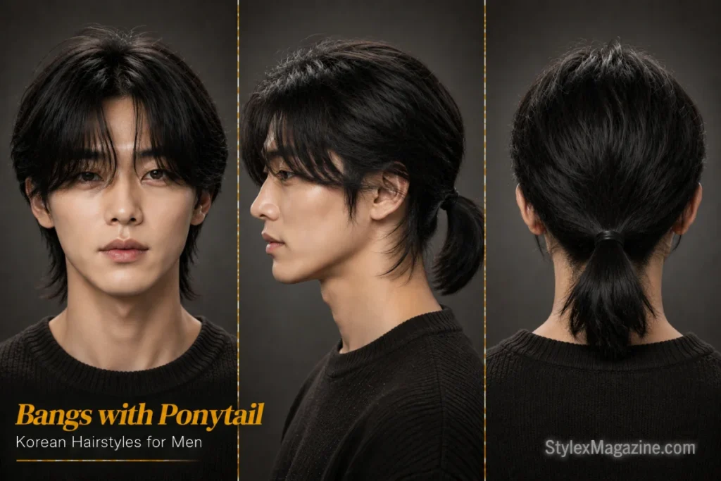 Korean bangs with ponytail hairstyle featuring a soft front fringe, low ponytail, and clean layered finish.