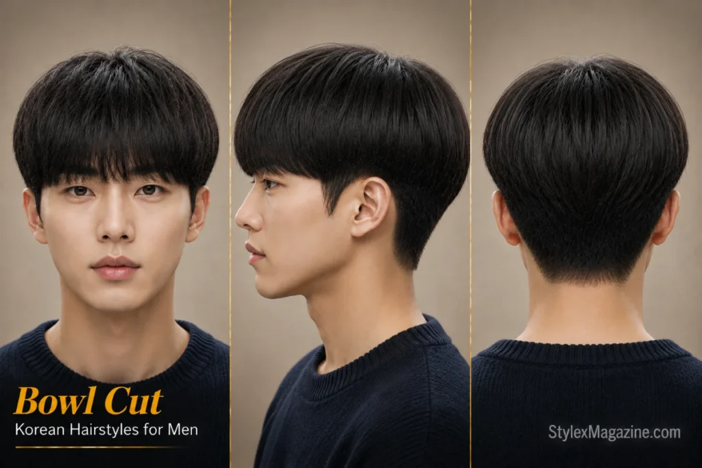 Korean bowl cut hairstyle for men featuring a rounded textured top, soft fringe, and clean tapered sides.
