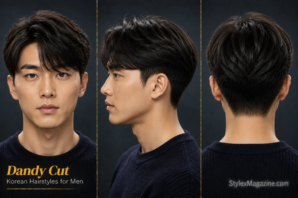 Korean dandy cut for men featuring soft layered volume, a side-swept fringe, and naturally blended sides.