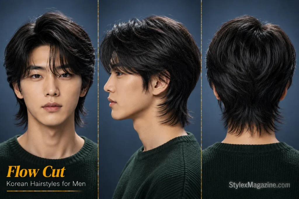 Korean flow cut hairstyle for men featuring long face-framing layers, natural movement, and a soft flowing silhouette.