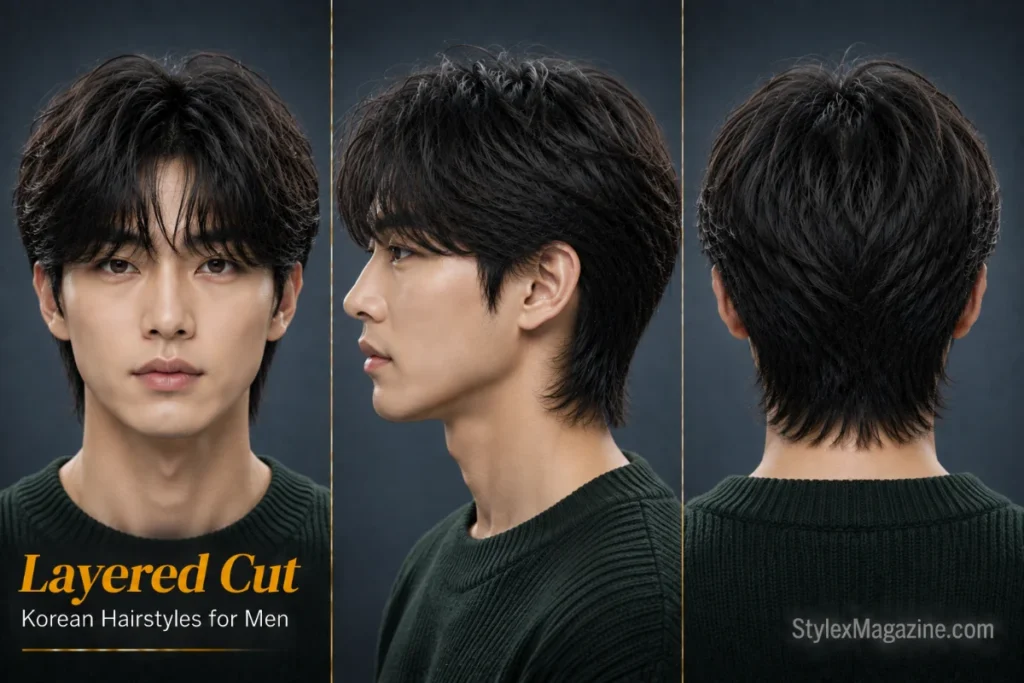 Korean layered haircut for men featuring soft scissor layers, textured movement, and a natural flowing shape.