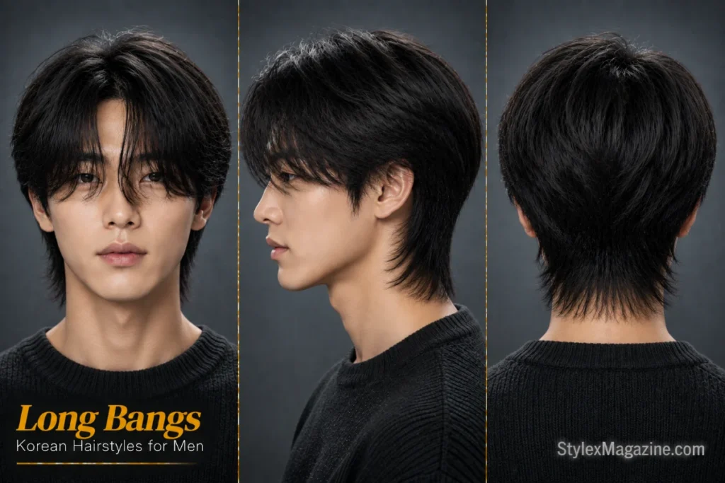 Korean long bangs hairstyle featuring extended fringe, face-framing layers, and soft natural movement.