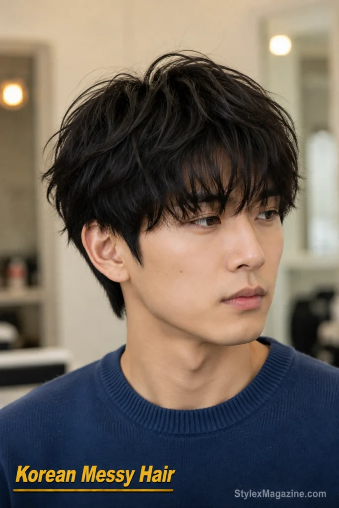 Korean messy hairstyle with airy medium layers, soft face-framing texture and a see-through fringe.