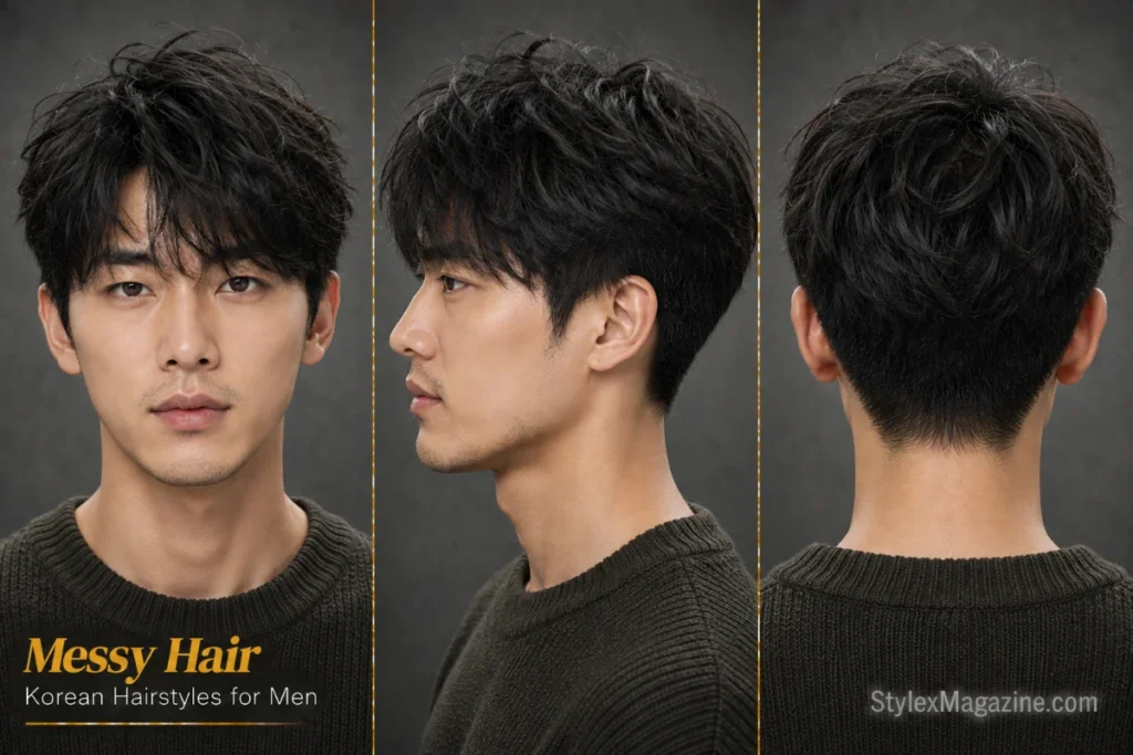 Korean messy hairstyle featuring tousled medium-length layers with natural texture and effortless movement.