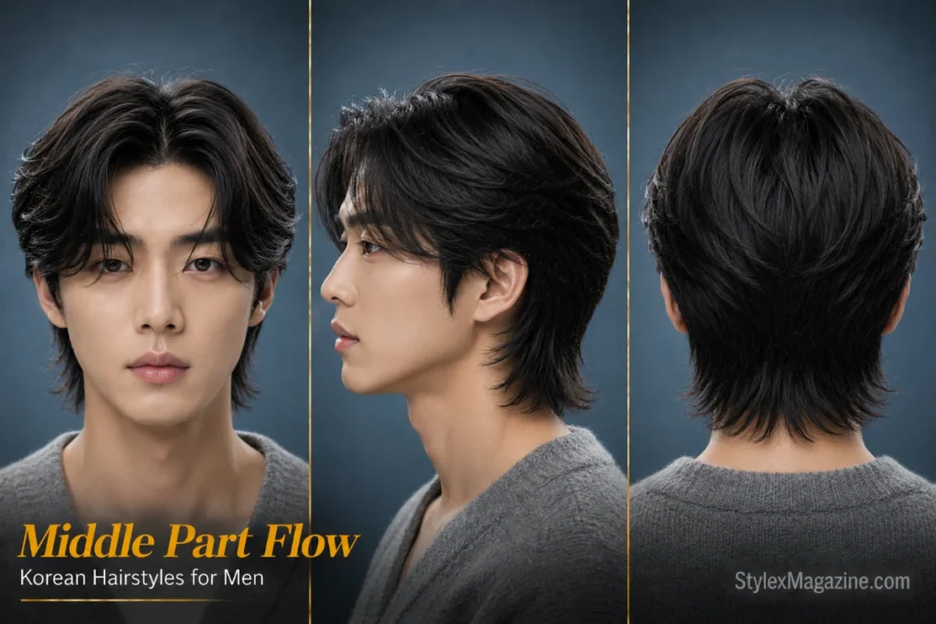 Korean middle part flow hairstyle for men featuring a center part, soft layers, and natural flowing movement.
