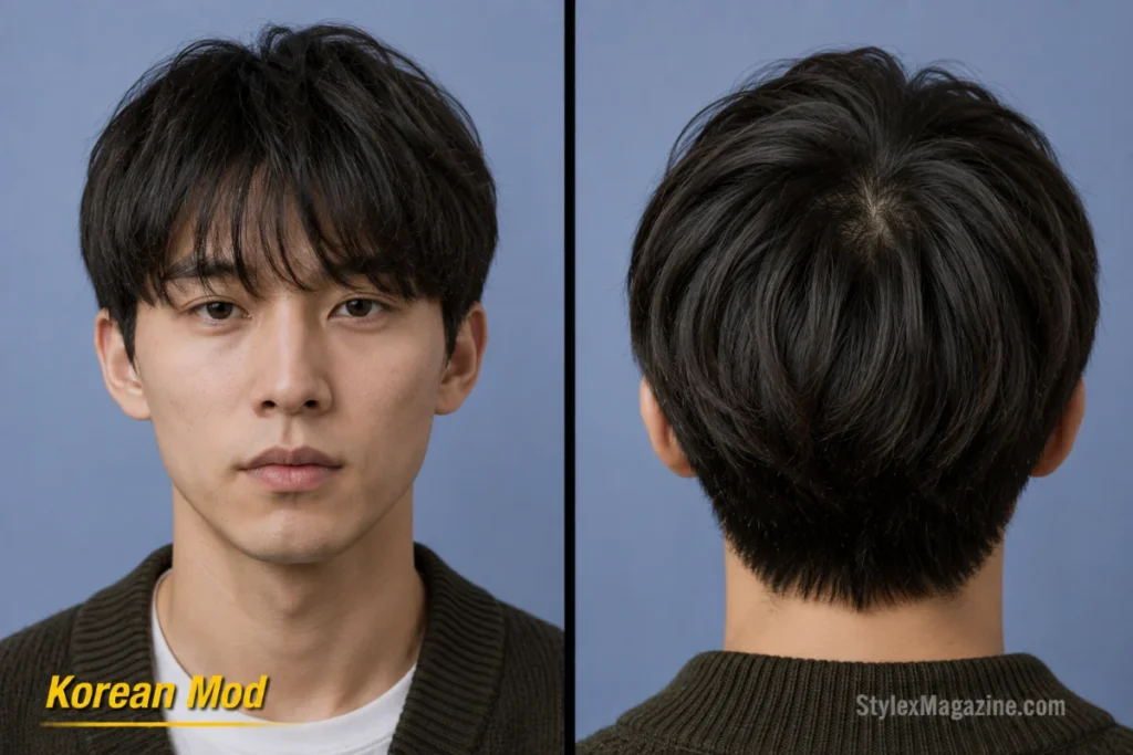 Korean mod haircut with airy wispy fringe, soft layers, and relaxed longer sides.