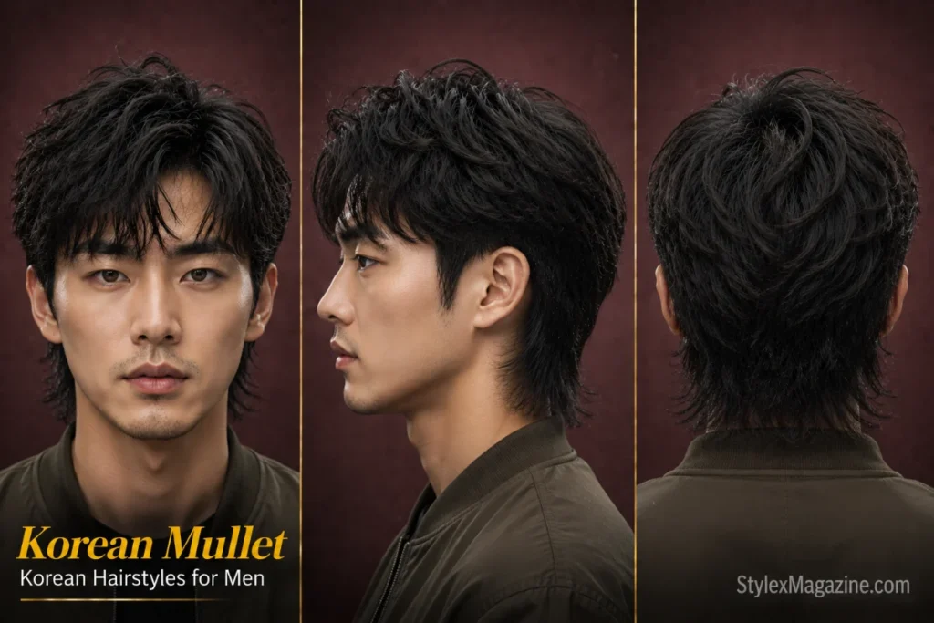 Korean mullet hairstyle for men featuring textured layers on top with a longer back section and modern styling.