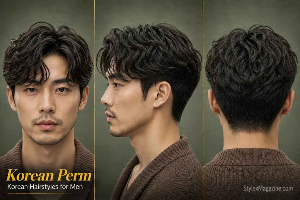 Korean perm hairstyle for men featuring soft natural waves, textured volume, and a relaxed modern finish.