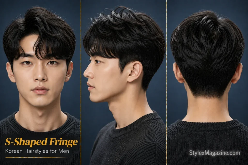Korean S-shaped fringe hairstyle featuring an elegant wave-shaped fringe with soft layered texture.