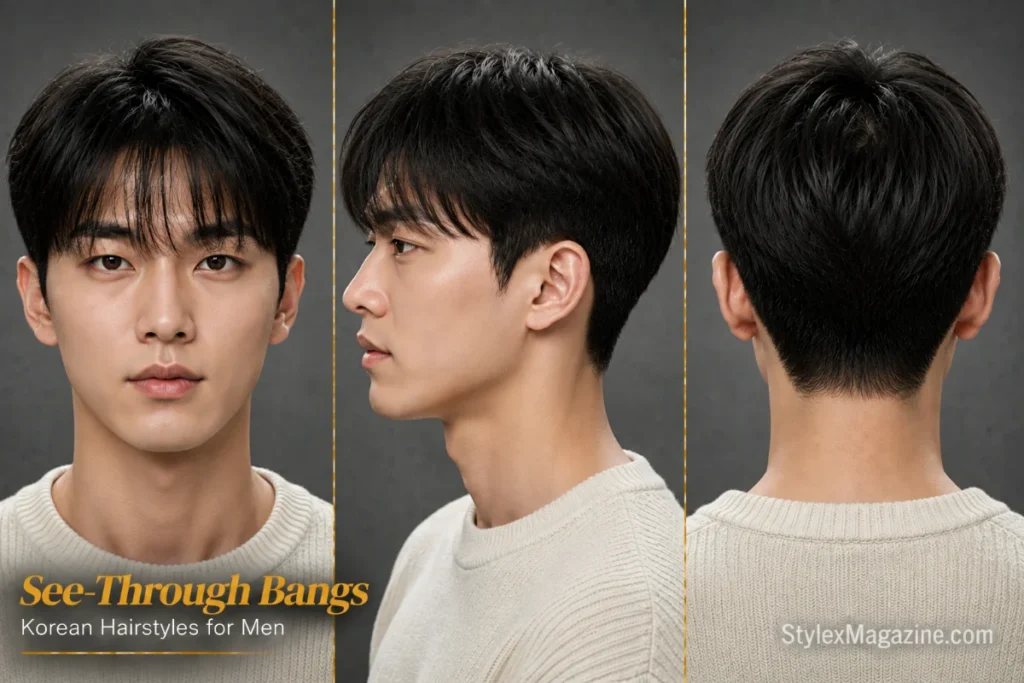 Korean see-through bangs featuring wispy textured fringe with natural forehead visibility and soft layered styling.