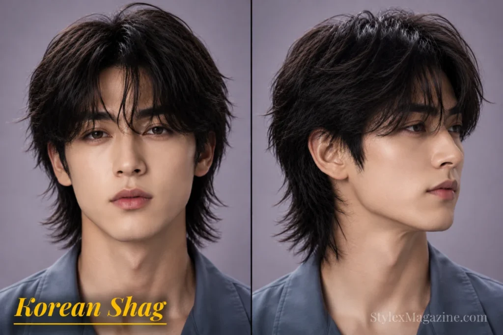 Korean shag haircut for men featuring soft layered texture, curtain fringe, and modern Korean styling.