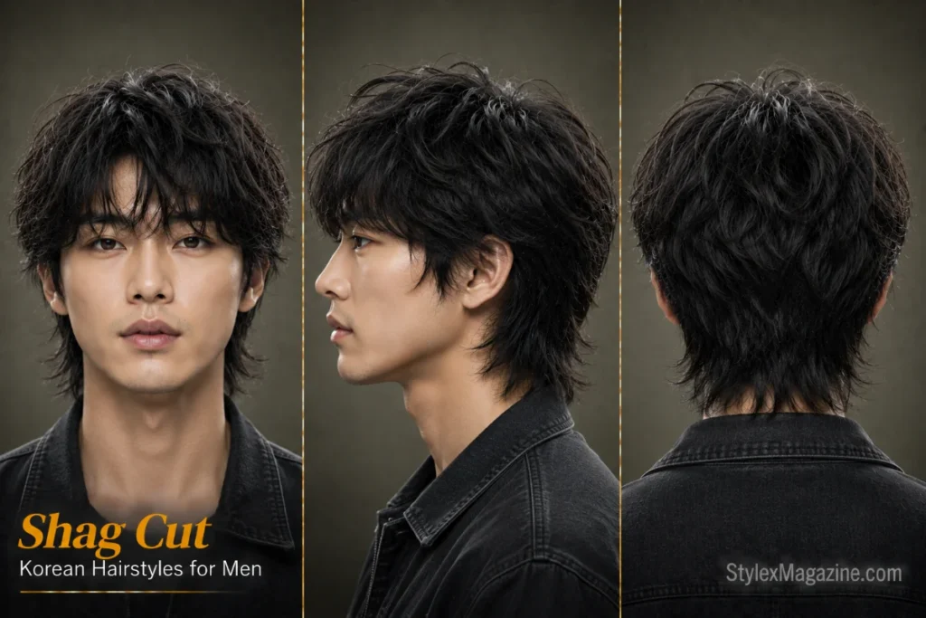 Korean shag haircut for men featuring choppy layers, textured volume, and a relaxed modern shape.