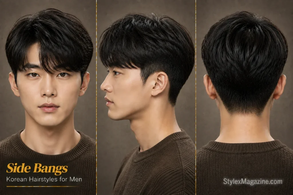 Korean side bangs hairstyle featuring soft side-swept bangs with lightweight layering and natural movement.