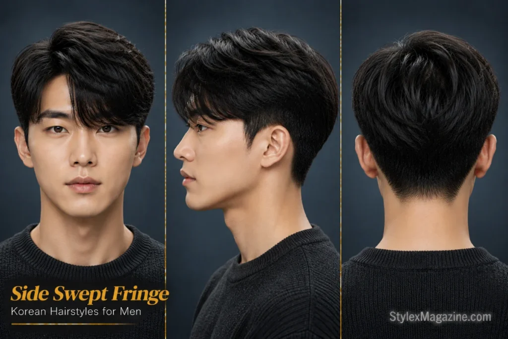 Korean side swept fringe hairstyle featuring a diagonally styled fringe, soft layered texture, and clean tapered sides.