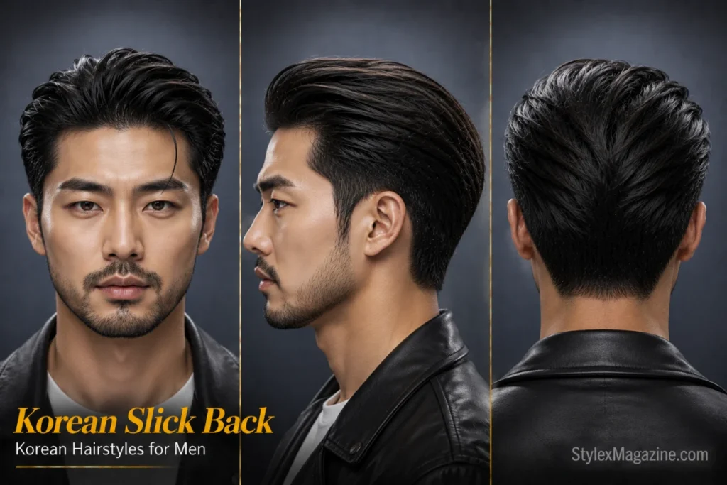 Korean slick back hairstyle for men featuring a smooth brushed-back top, controlled volume, and tapered sides.
