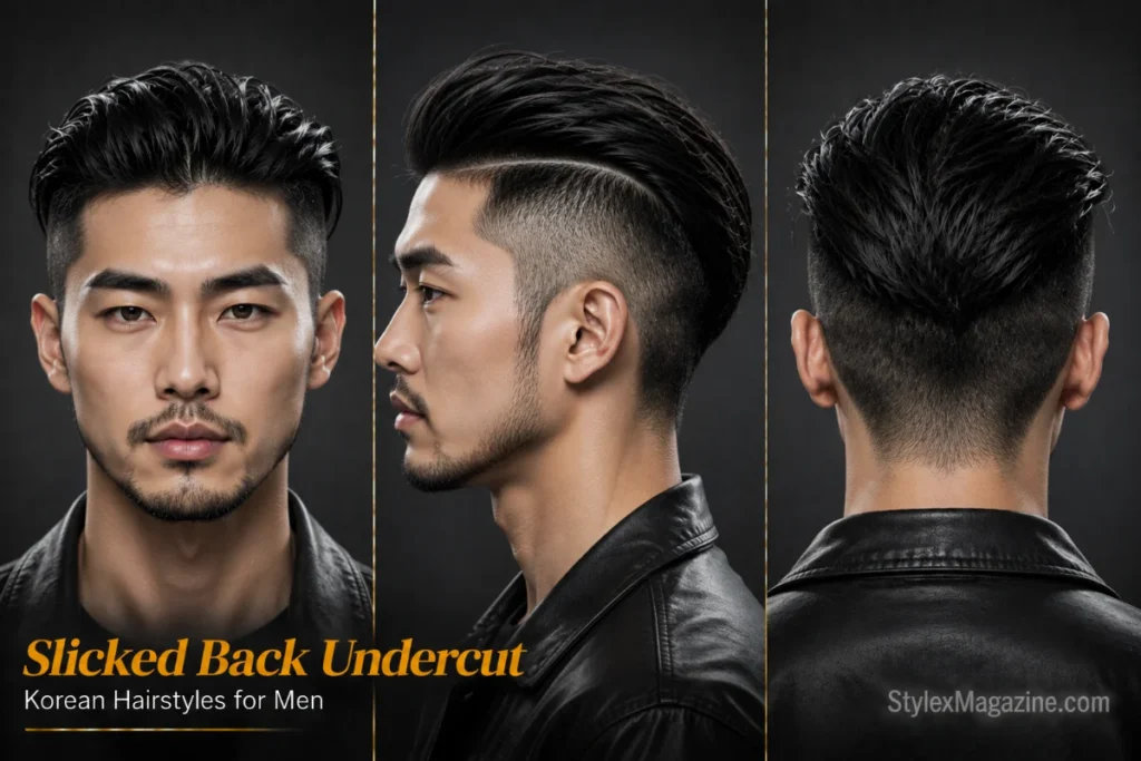 Korean slicked back undercut hairstyle for men featuring a brushed-back top, disconnected sides, and sharp contrast.