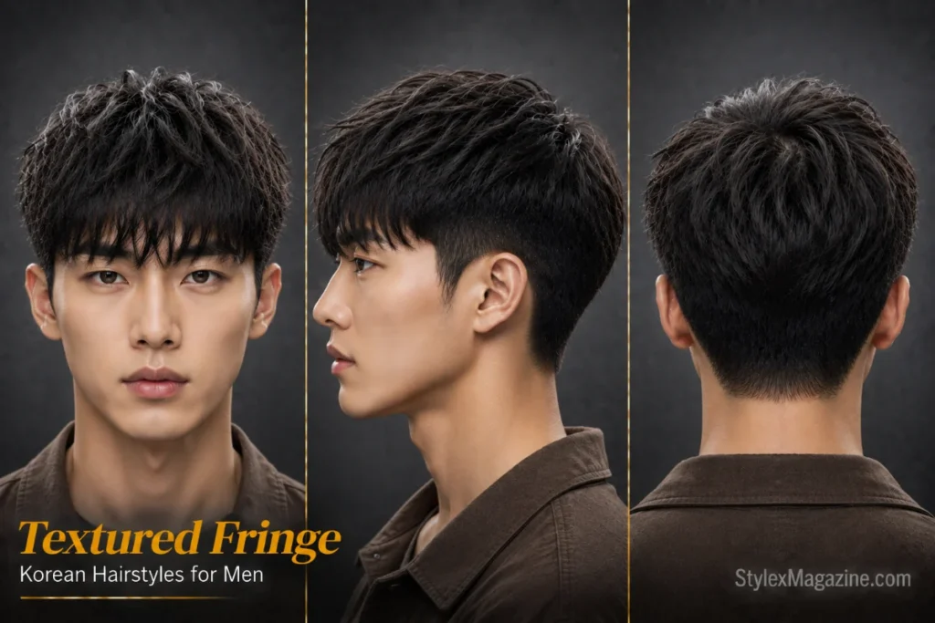 Korean textured fringe haircut for men featuring separated front texture, layered top, and soft natural movement.