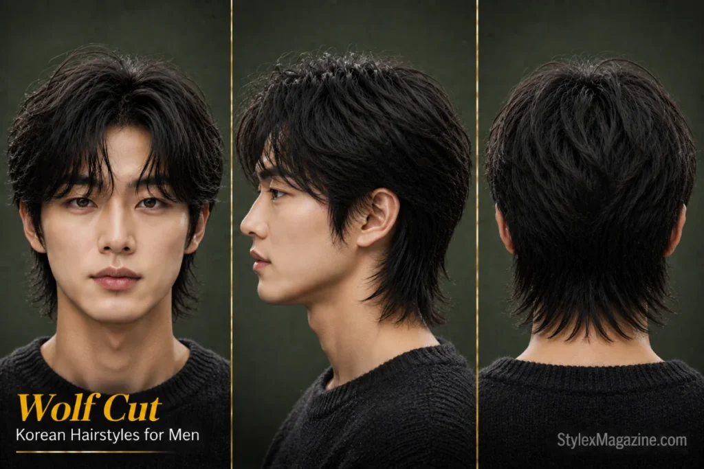 Korean wolf cut hairstyle for men featuring layered volume, textured movement, and a modern shag-inspired shape.