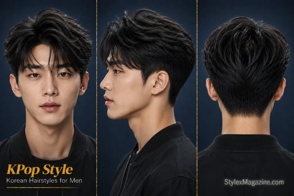 Modern K-Pop hairstyle for men featuring lifted roots, textured layers, and voluminous Korean styling.