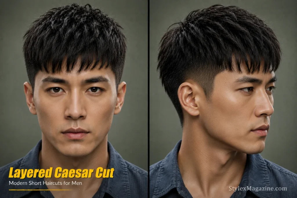 Layered Caesar haircut for men featuring textured layers, forward fringe, and added movement through scissor cutting.