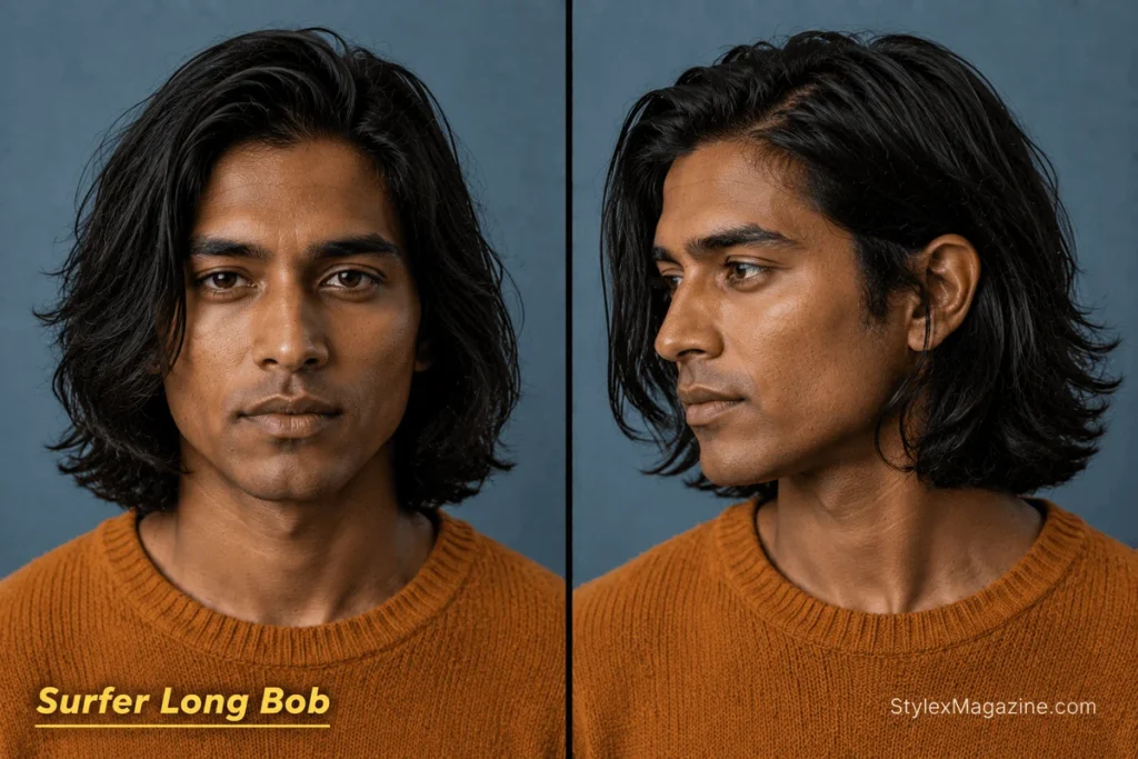 Layered surfer long bob for men with chin-to-shoulder length, jaw-framing layers and a softly razored base.