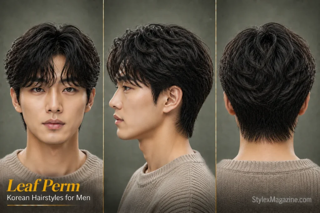Leaf perm Korean hairstyle for men featuring soft layered waves, curved fringe movement, and natural textured volume.