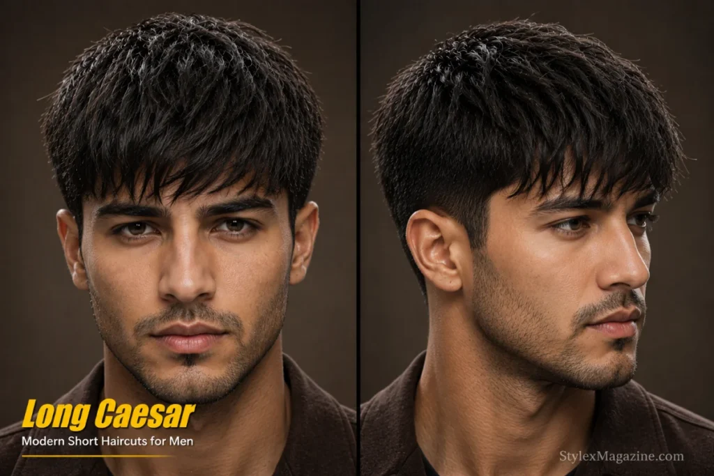 Long Caesar haircut for men featuring a longer forward fringe, textured top layers, and a modern Caesar silhouette.