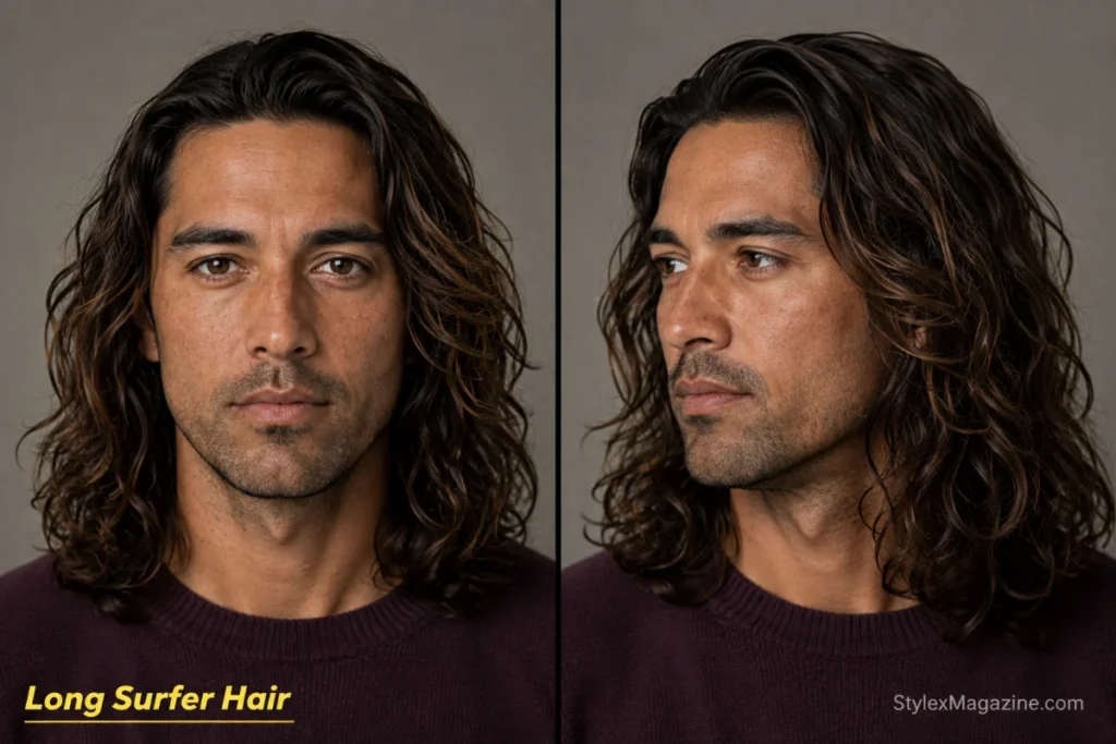 Long flowing surfer hair for men with shoulder-length waves, graduated layers and sun-kissed highlights.