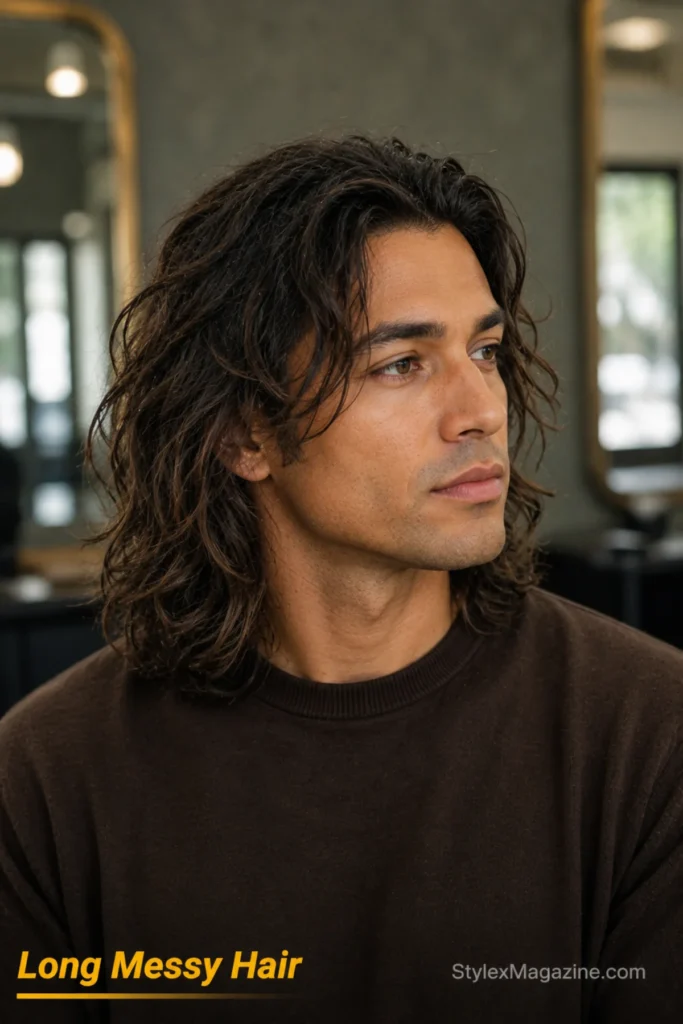 Long messy hairstyle for men with layered waves falling naturally around the shoulders