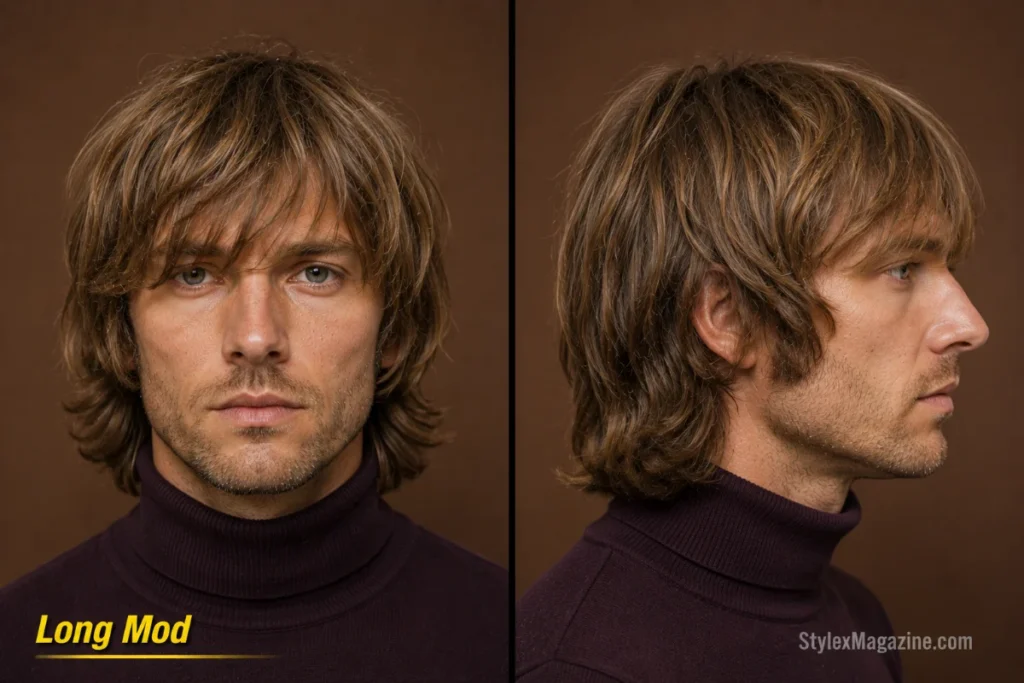 Long mod haircut with eyebrow-skimming fringe, ear-grazing sides, and collar-length back.