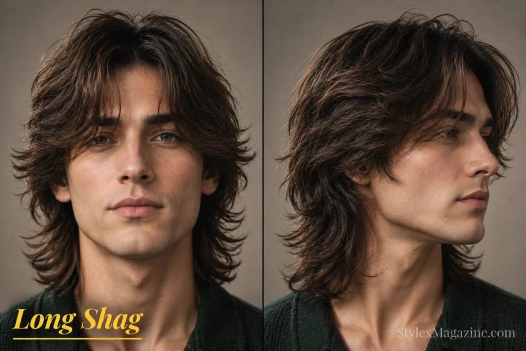 Long shag haircut for men featuring extended layers, face-framing texture, and flowing natural movement.