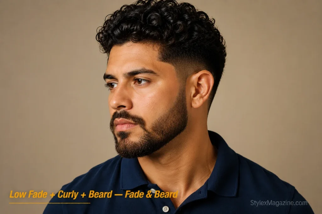 Man with curly hair on top and low fade blending into a medium beard 