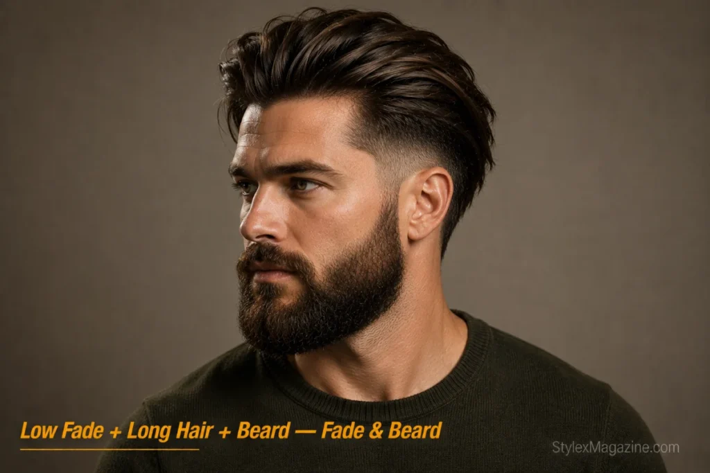 Man with long swept-back hair and low fade paired with a full beard 