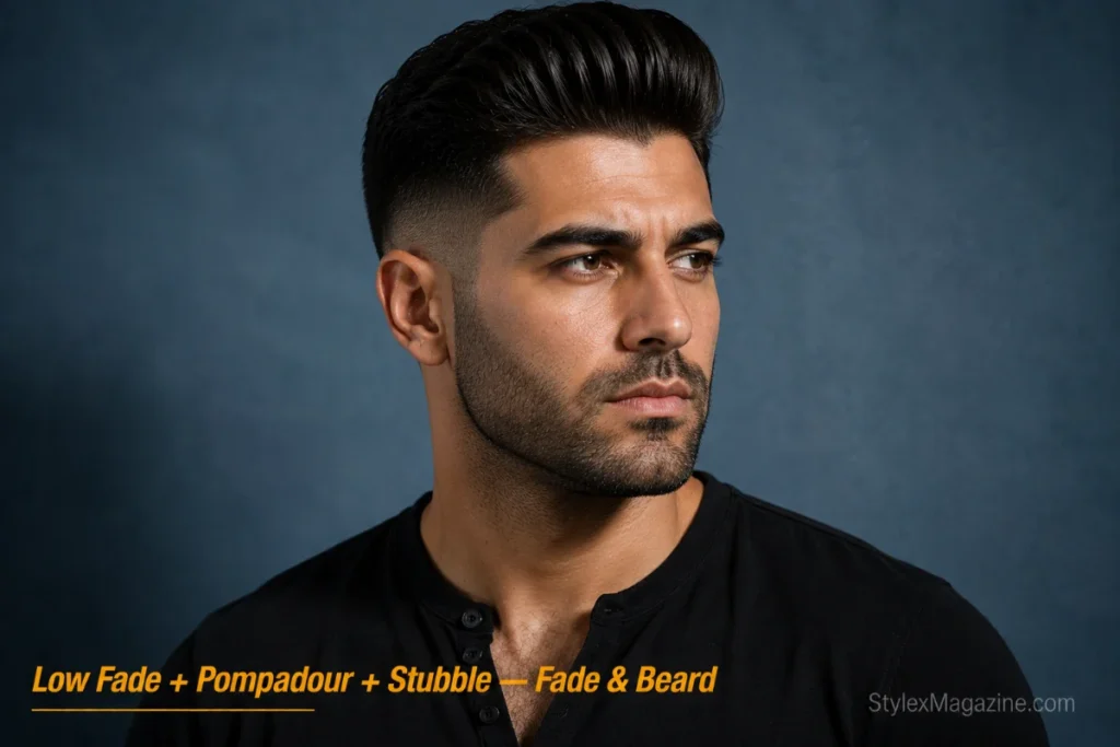 Man with a pompadour and low fade paired with heavy stubble