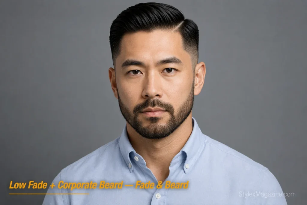 Man with a side part and low fade paired with a corporate beard