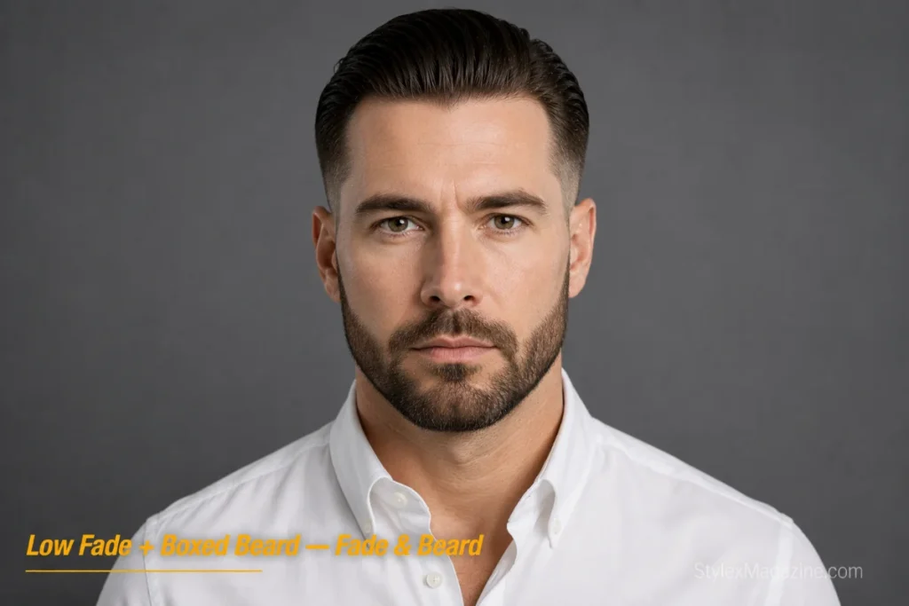  Man with slicked-back hair and low fade paired with a short boxed beard