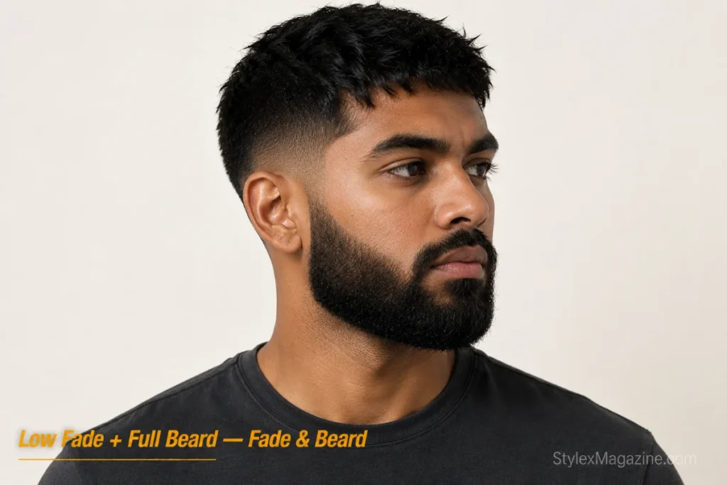 Man with a textured crop and low fade blending into a full beard