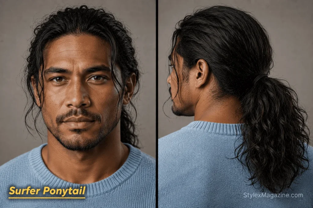 Low surfer ponytail for men with a loose tie at the nape, crown volume and natural face-framing strands.