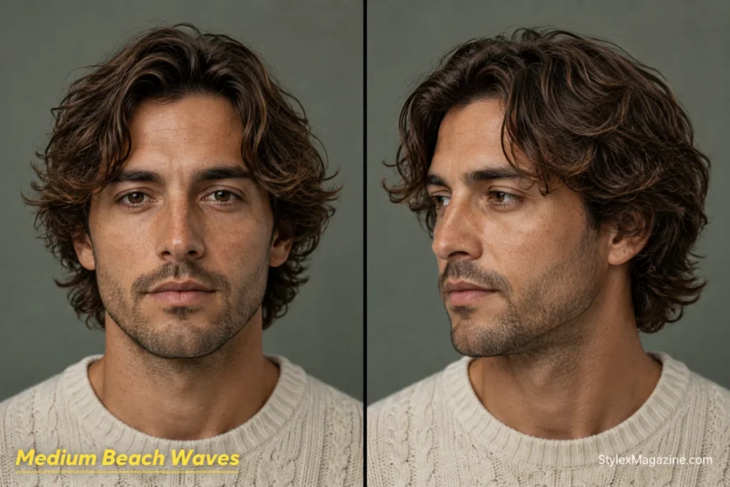Medium beach waves for men with ear-to-collar length, layered S-shaped texture and a natural matte finish.