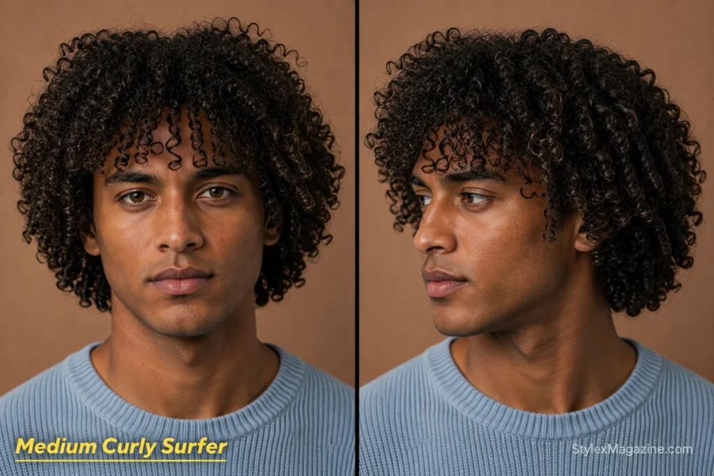 Medium curly surfer hair for men with layered type 3A curls, balanced crown volume and face-framing definition.