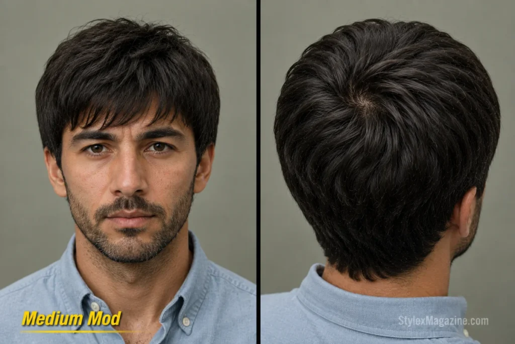 Medium mod haircut with brow-level fringe, three-inch top, and balanced scissor-cut sides.