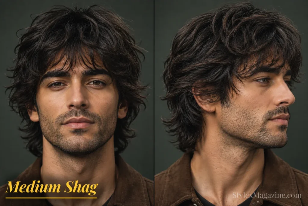 Medium shag haircut for men featuring layered length, textured fringe, and balanced natural movement.