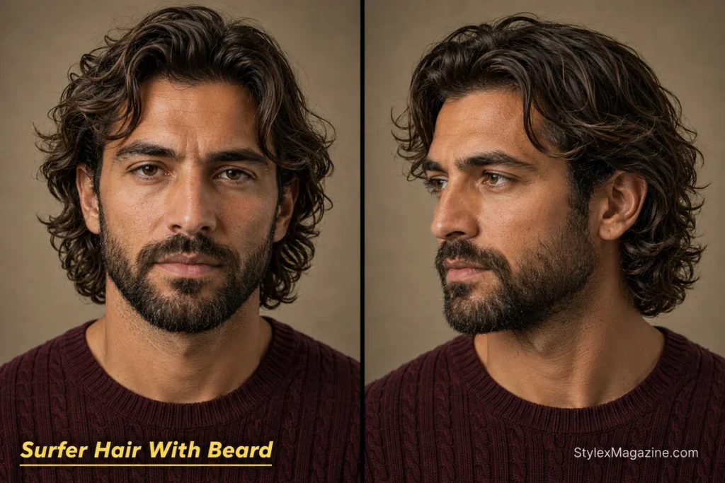 Medium wavy surfer hair for men paired with a neatly shaped short beard and warm natural texture.