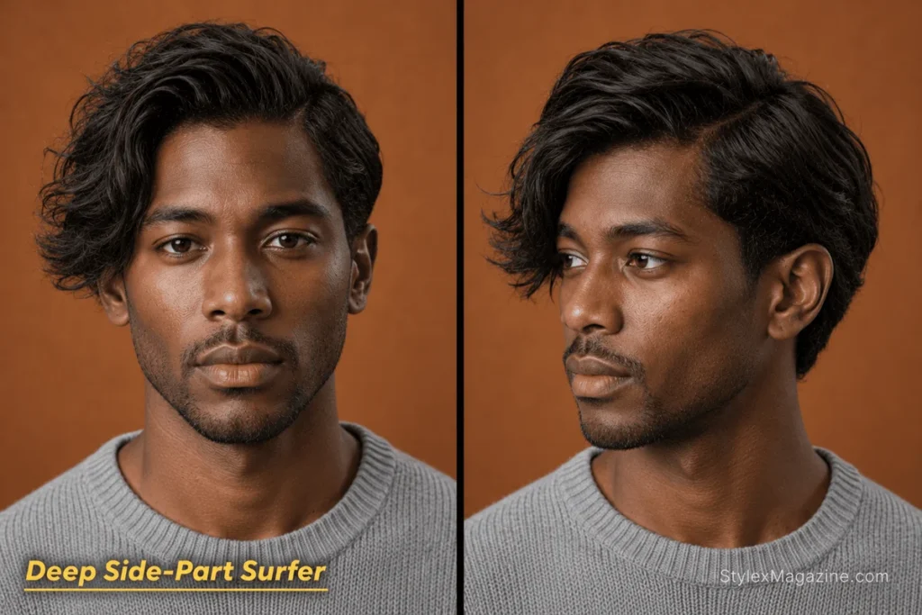 Medium tousled surfer hair for men with a soft finger-made deep side part and asymmetric volume