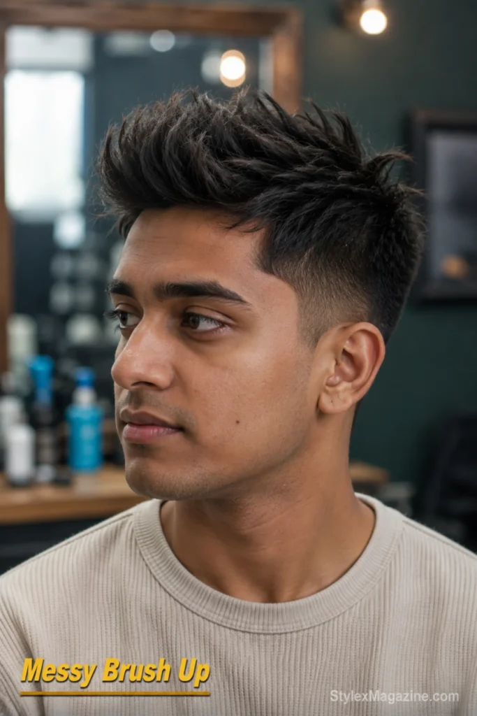 Messy brush-up haircut with shorter sides and a lifted textured top.