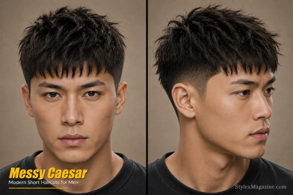 Messy Caesar haircut for men featuring separated textured strands, forward fringe, and relaxed modern styling.