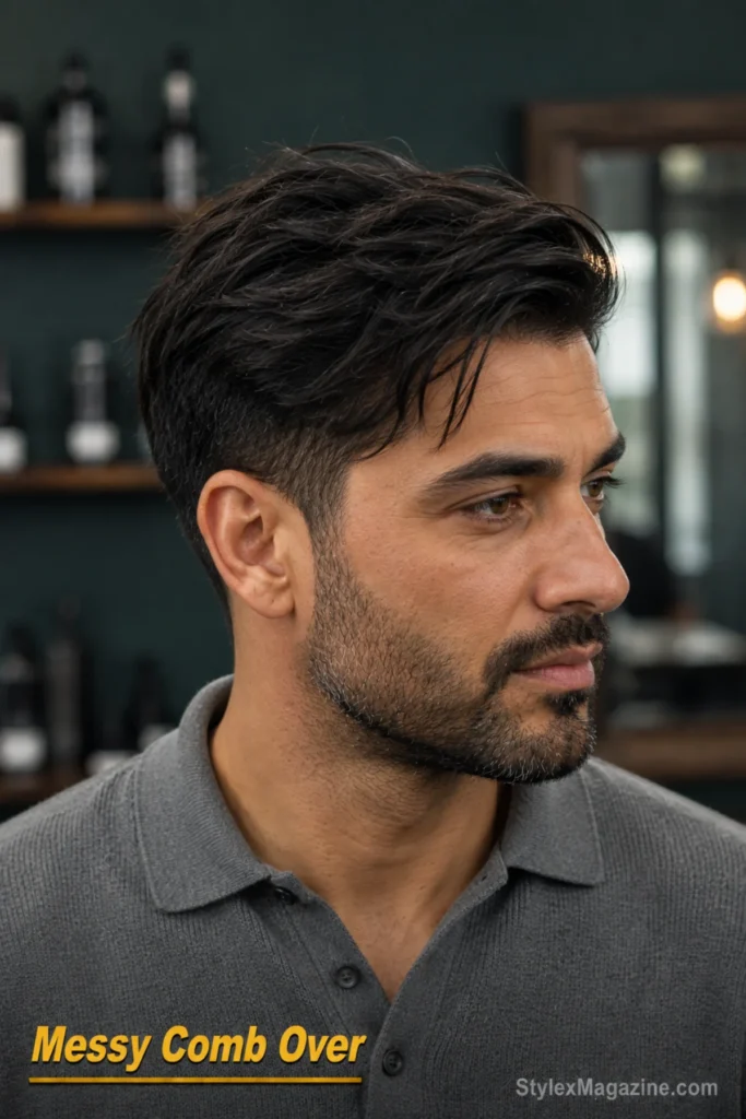 Messy comb-over hairstyle with a longer top directed loosely sideways over tapered sides.