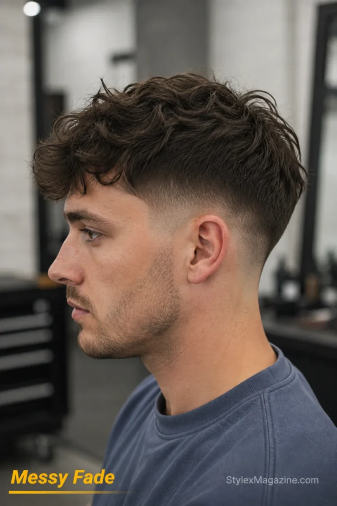 Messy fade haircut with short faded sides and a longer loosely layered top.