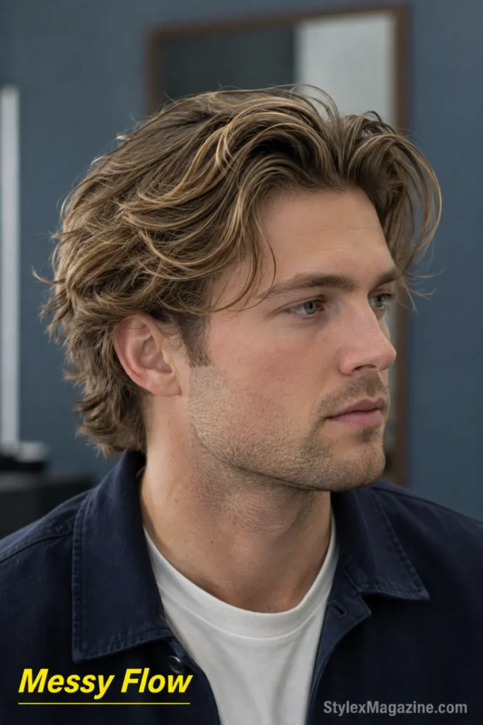 Messy flow hairstyle with medium-length tousled layers and natural backward movement.